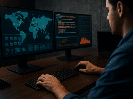 Photo réaliste d’un analyste cybersécurité travaillant sur deux écrans affichant des données réseau et des graphiques, illustrant l’usage d’outils OSINT dans un environnement professionnel moderne.