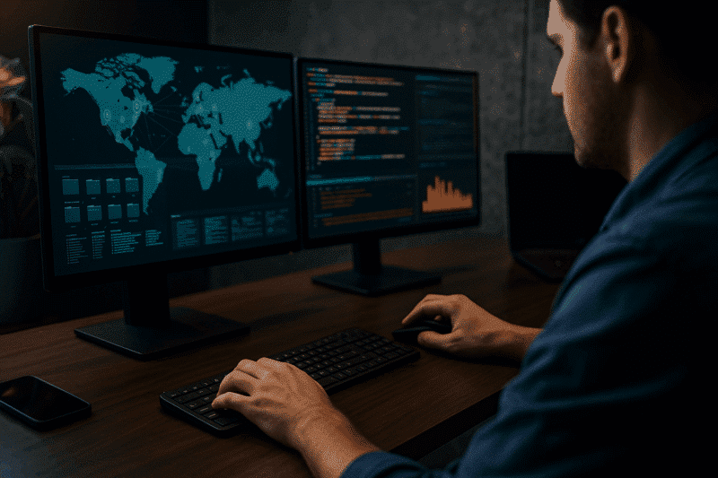 Photo réaliste d’un analyste cybersécurité travaillant sur deux écrans affichant des données réseau et des graphiques, illustrant l’usage d’outils OSINT dans un environnement professionnel moderne.