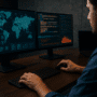 Photo réaliste d’un analyste cybersécurité travaillant sur deux écrans affichant des données réseau et des graphiques, illustrant l’usage d’outils OSINT dans un environnement professionnel moderne.