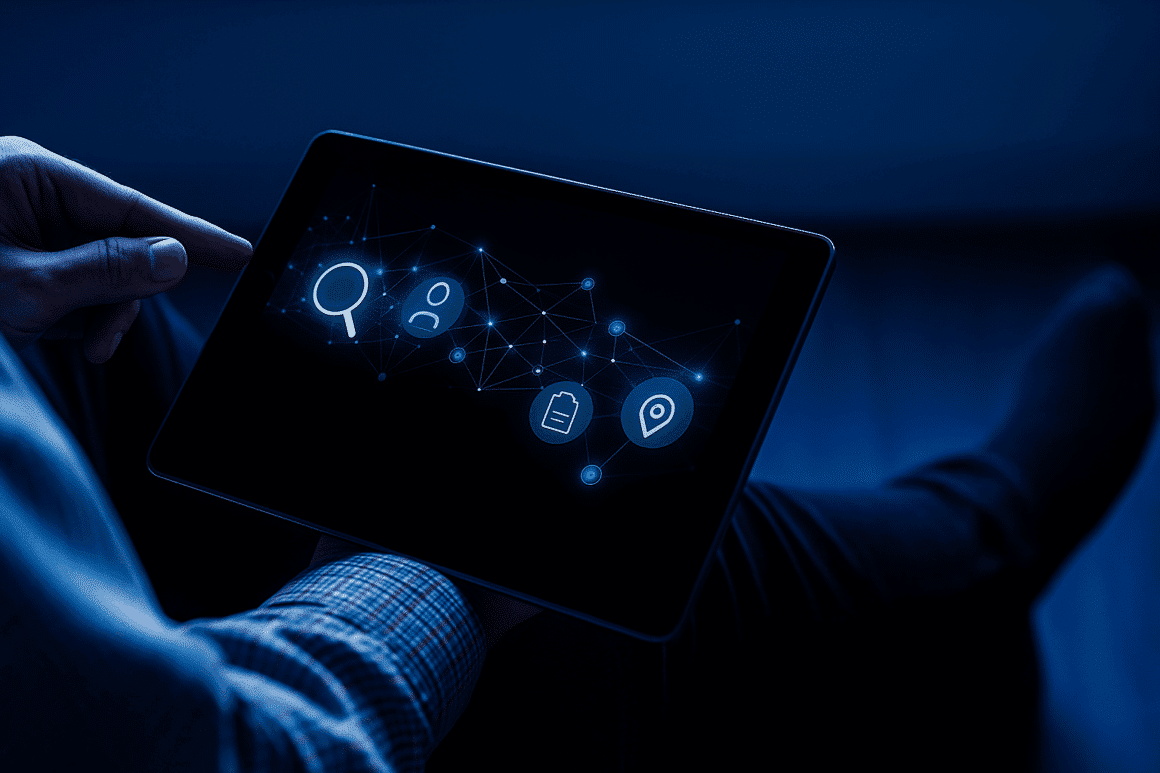 Photographie d’un utilisateur manipulant une tablette affichant un réseau numérique interactif avec des icônes liées à la recherche OSINT, dans une ambiance bleutée évoquant la cybersécurité. Logo DCOD et message « 15 outils OSINT incontournables à maîtriser en 2025 » ajoutés pour identifier le sujet de l’article.