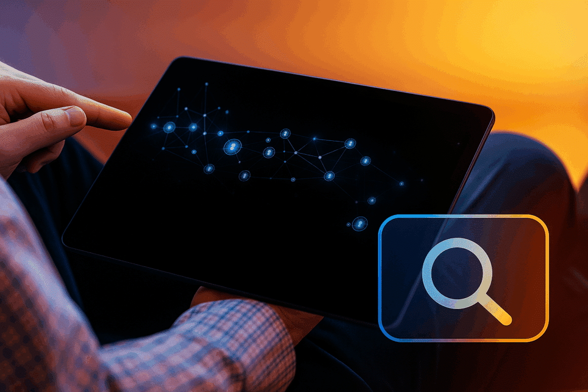 Photographie d’une personne consultant un réseau de données OSINT sur une tablette numérique, dans un environnement aux couleurs chaudes et bleues, illustrant la cybersécurité, l’analyse et la recherche en sources ouvertes dans un cadre professionnel moderne.