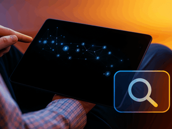 Photographie d’une personne consultant un réseau de données OSINT sur une tablette numérique, dans un environnement aux couleurs chaudes et bleues, illustrant la cybersécurité, l’analyse et la recherche en sources ouvertes dans un cadre professionnel moderne.