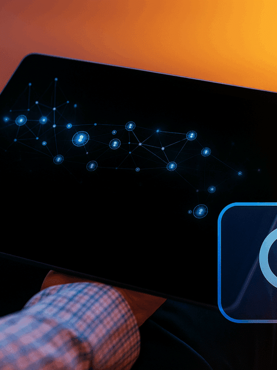 Photographie d’une personne consultant un réseau de données OSINT sur une tablette numérique, dans un environnement aux couleurs chaudes et bleues, illustrant la cybersécurité, l’analyse et la recherche en sources ouvertes dans un cadre professionnel moderne.