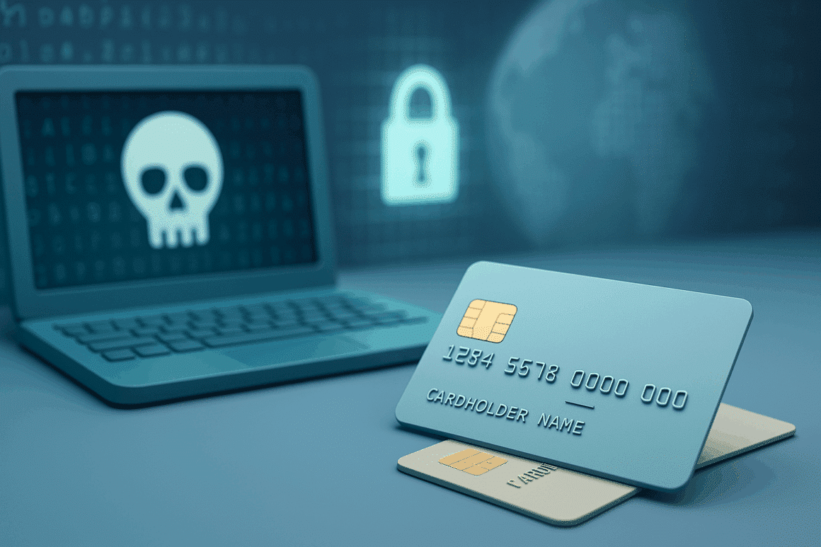 Illustration 3D stylisée de deux cartes bancaires sur fond bleu clair, posées devant un ordinateur affichant un crâne sur l’écran, avec une icône de cadenas en arrière-plan. L’image évoque le dark web, le vol de données et la cybersécurité.