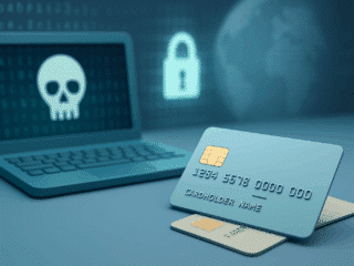 Illustration 3D stylisée de deux cartes bancaires sur fond bleu clair, posées devant un ordinateur affichant un crâne sur l’écran, avec une icône de cadenas en arrière-plan. L’image évoque le dark web, le vol de données et la cybersécurité.