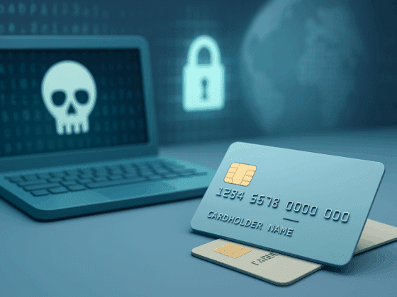 Illustration 3D stylisée de deux cartes bancaires sur fond bleu clair, posées devant un ordinateur affichant un crâne sur l’écran, avec une icône de cadenas en arrière-plan. L’image évoque le dark web, le vol de données et la cybersécurité.