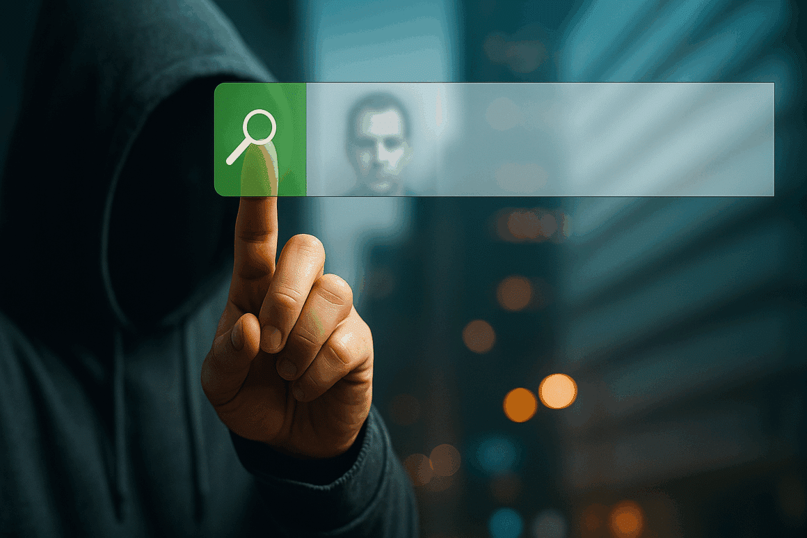 Une personne en hoodie noir touche un bouton de recherche virtuel, sur fond urbain nocturne flou, symbolisant l’investigation de profils cybercriminels actifs sur le darknet.
