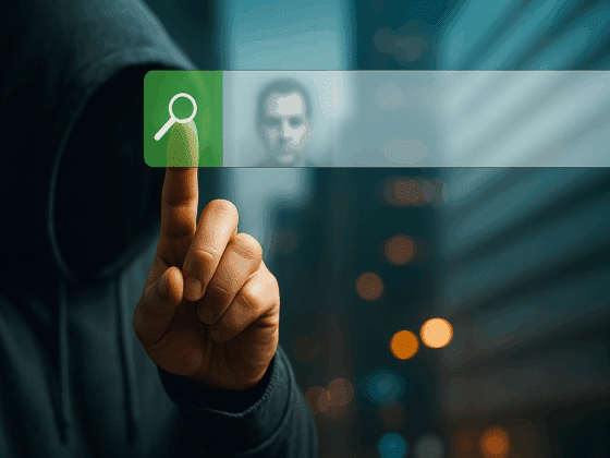 Une personne en hoodie noir touche un bouton de recherche virtuel, sur fond urbain nocturne flou, symbolisant l’investigation de profils cybercriminels actifs sur le darknet.