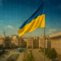 Vue panoramique de la place de l'Indépendance à Kyiv, avec le drapeau ukrainien en premier plan flottant au vent, sur fond de symboles numériques évoquant les cyberattaques et la cybersécurité en Ukraine.