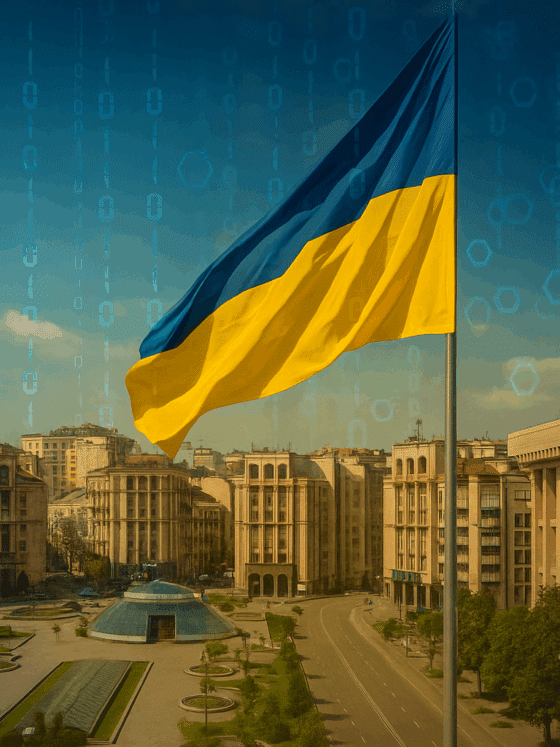Vue panoramique de la place de l'Indépendance à Kyiv, avec le drapeau ukrainien en premier plan flottant au vent, sur fond de symboles numériques évoquant les cyberattaques et la cybersécurité en Ukraine.