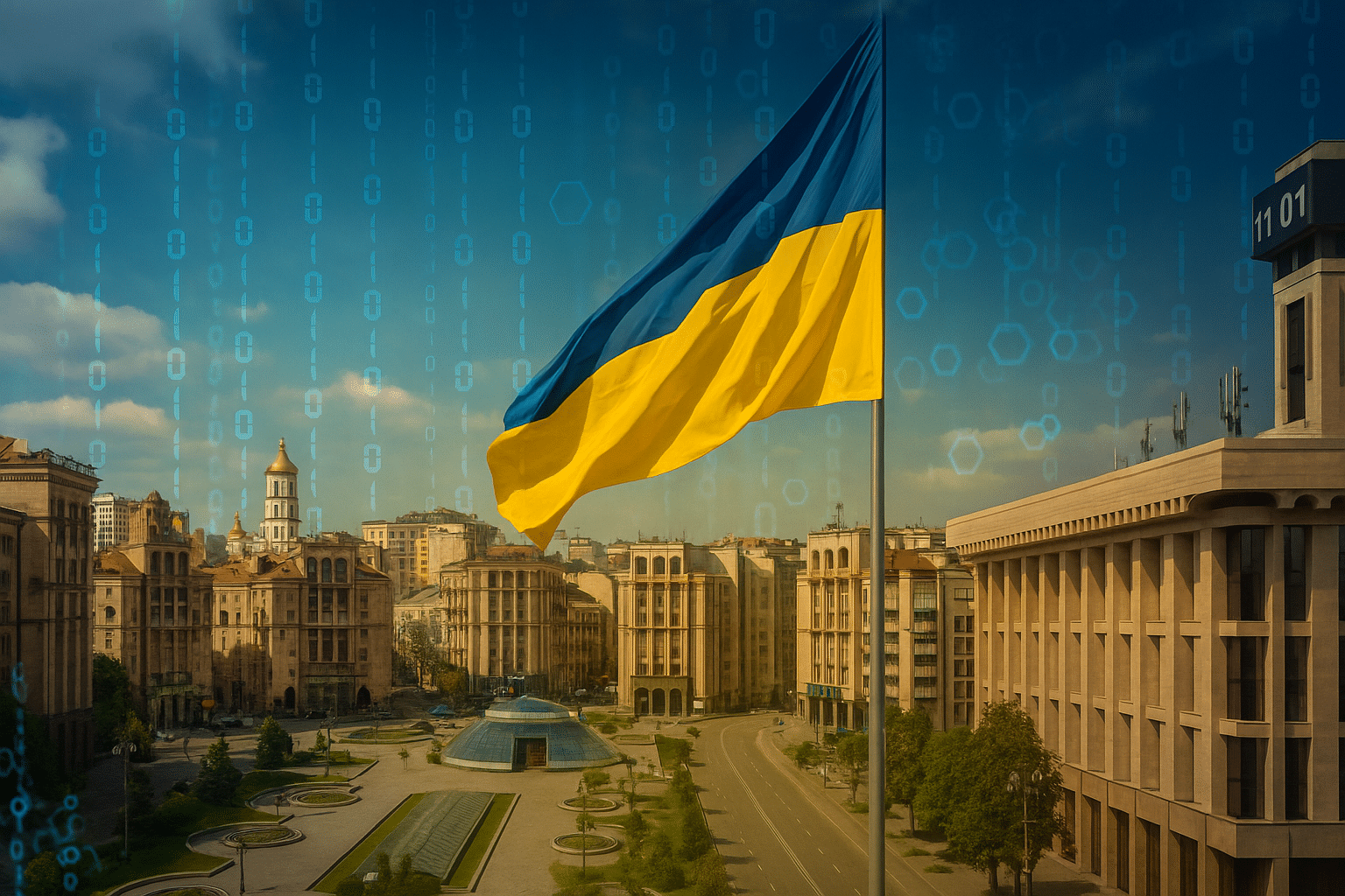 Vue panoramique de la place de l'Indépendance à Kyiv, avec le drapeau ukrainien en premier plan flottant au vent, sur fond de symboles numériques évoquant les cyberattaques et la cybersécurité en Ukraine.