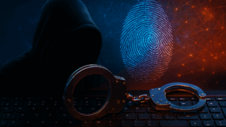 DCOD crime - Image symbolique d'une cybercriminalité, montrant une silhouette encapuchonnée derrière un clavier d’ordinateur, des menottes métalliques posées sur les touches, et une empreinte digitale numérique lumineuse en arrière-plan sur fond de réseau digital orange et bleu. L’image évoque le piratage informatique, les arrestations de cybercriminels et l’identification numérique.