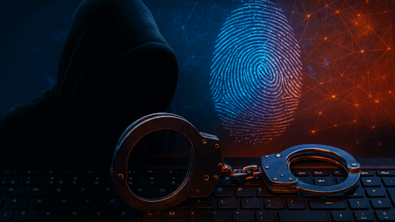 DCOD crime - Image symbolique d'une cybercriminalité, montrant une silhouette encapuchonnée derrière un clavier d’ordinateur, des menottes métalliques posées sur les touches, et une empreinte digitale numérique lumineuse en arrière-plan sur fond de réseau digital orange et bleu. L’image évoque le piratage informatique, les arrestations de cybercriminels et l’identification numérique.