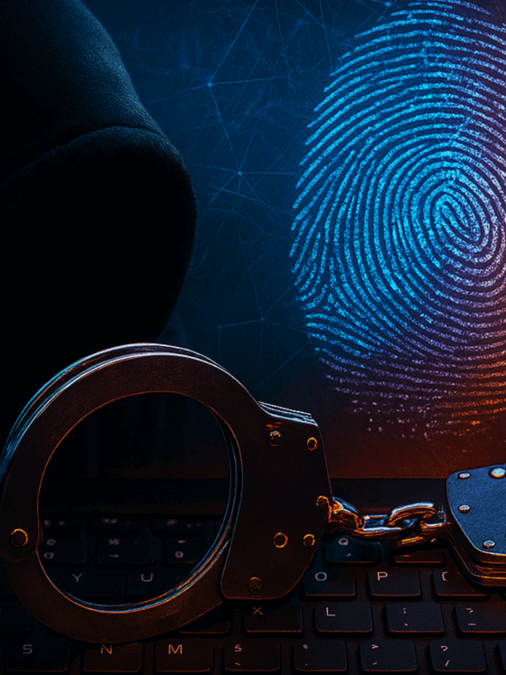 Image symbolique d'une cybercriminalité, montrant une silhouette encapuchonnée derrière un clavier d’ordinateur, des menottes métalliques posées sur les touches, et une empreinte digitale numérique lumineuse en arrière-plan sur fond de réseau digital orange et bleu. L’image évoque le piratage informatique, les arrestations de cybercriminels et l’identification numérique.