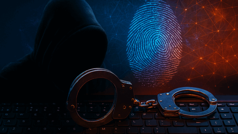 Image symbolique d'une cybercriminalité, montrant une silhouette encapuchonnée derrière un clavier d’ordinateur, des menottes métalliques posées sur les touches, et une empreinte digitale numérique lumineuse en arrière-plan sur fond de réseau digital orange et bleu. L’image évoque le piratage informatique, les arrestations de cybercriminels et l’identification numérique.