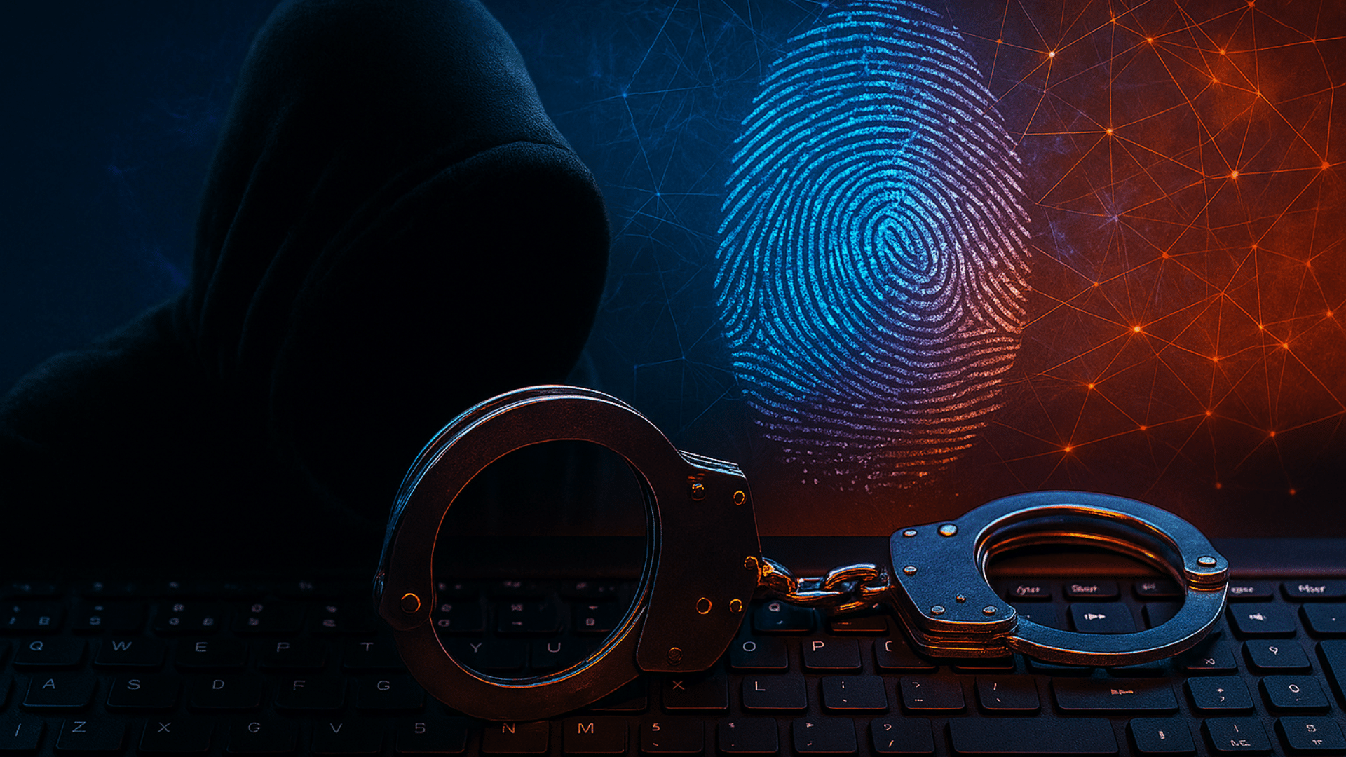 Image symbolique d'une cybercriminalité, montrant une silhouette encapuchonnée derrière un clavier d’ordinateur, des menottes métalliques posées sur les touches, et une empreinte digitale numérique lumineuse en arrière-plan sur fond de réseau digital orange et bleu. L’image évoque le piratage informatique, les arrestations de cybercriminels et l’identification numérique.