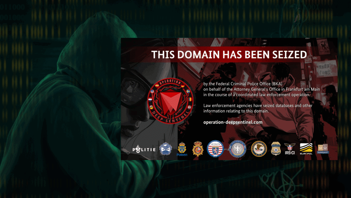 Annonce de la saisie du domaine Archetyp Market par la police criminelle allemande (BKA) et plusieurs agences internationales dans le cadre de l’opération Deep Sentinel. Affiche avec logos officiels (Europol, FBI, IRS-CI, Eurojust…), texte en anglais et visuel stylisé d’un environnement cybercriminel.
