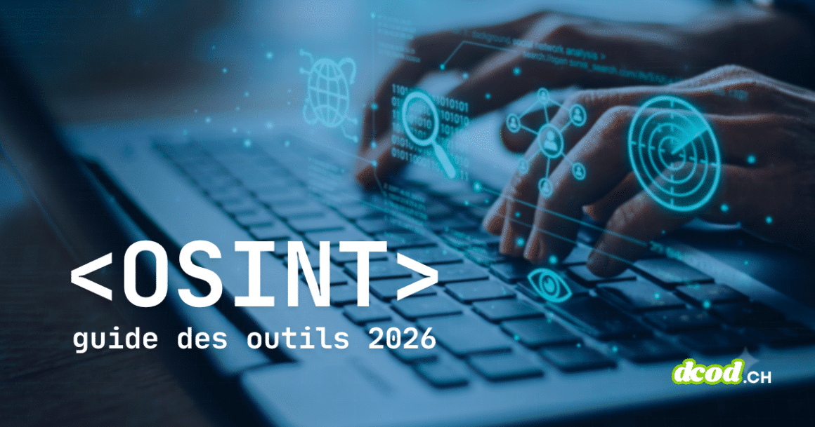 Mains tapant sur un clavier d'ordinateur avec icônes de cyber-recherche et texte OSINT guide des outils 2026