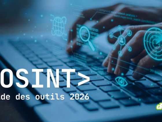 Mains tapant sur un clavier d'ordinateur avec icônes de cyber-recherche et texte OSINT guide des outils 2026