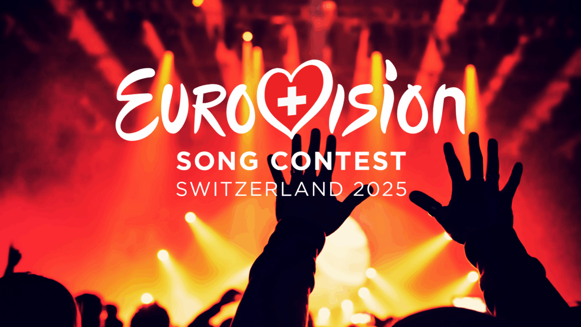 Scène de concert enflammée avec un public en liesse sous des lumières rouges et orange, illustrant le Eurovision Song Contest 2025 en Suisse. Le logo officiel du concours est au centre de l’image.
