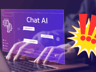 Interface d’un chatbot IA sur fond violet avec mains tapant au clavier, accompagnée d’un symbole d’alerte illustrant une faille critique de cybersécurité liée aux agents IA.