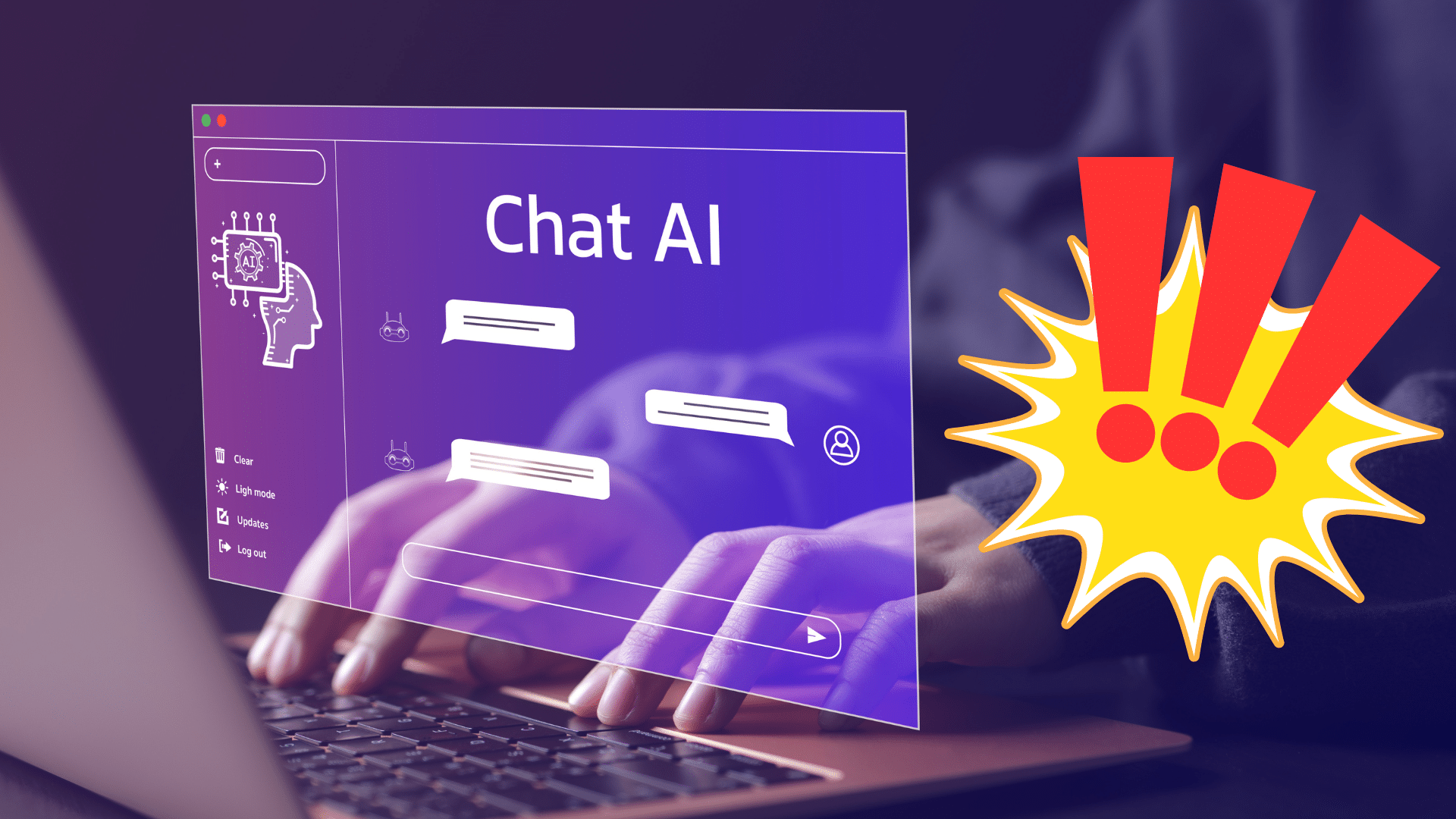 Interface d’un chatbot IA sur fond violet avec mains tapant au clavier, accompagnée d’un symbole d’alerte illustrant une faille critique de cybersécurité liée aux agents IA.