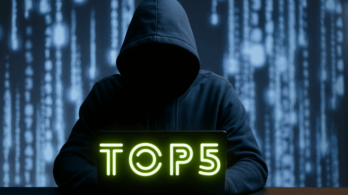 Image réaliste d'une personne encapuchonnée, assise devant un ordinateur portable dans un environnement sombre, illustrant les menaces liées au cybercrime, aux attaques informatiques et à la cybersécurité.