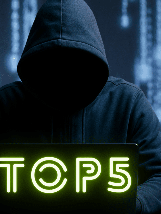 Image réaliste d'une personne encapuchonnée, assise devant un ordinateur portable dans un environnement sombre, illustrant les menaces liées au cybercrime, aux attaques informatiques et à la cybersécurité.