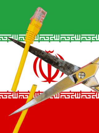 Une paire de ciseaux coupant un câble Ethernet jaune sur fond du drapeau iranien, symbolisant la coupure d’Internet décidée par l’Iran face à des cyberattaques.