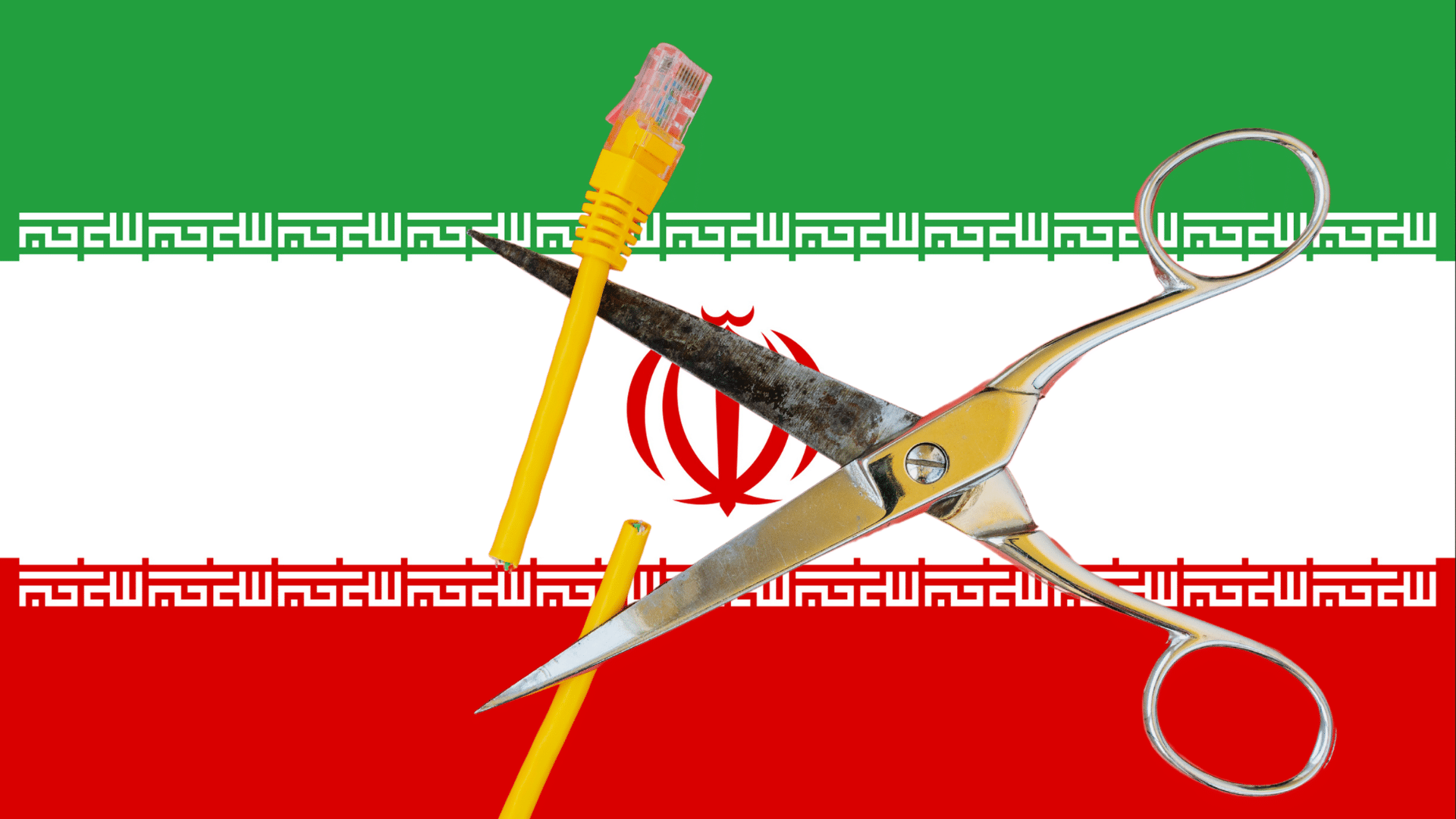 Une paire de ciseaux coupant un câble Ethernet jaune sur fond du drapeau iranien, symbolisant la coupure d’Internet décidée par l’Iran face à des cyberattaques.