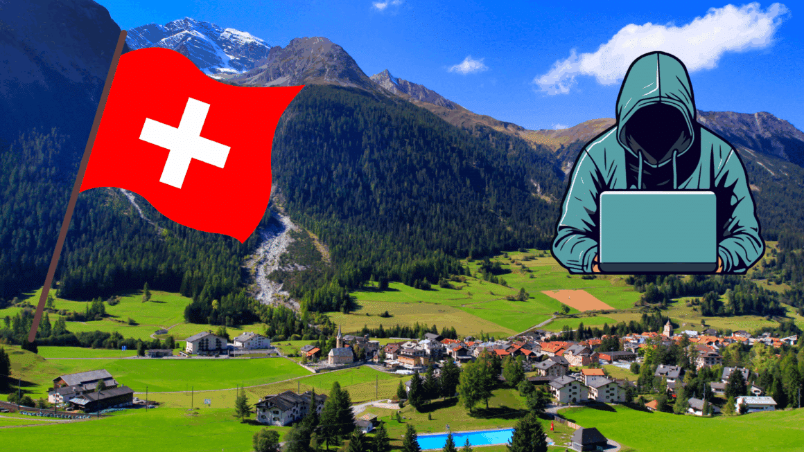Vue d’un village alpin suisse avec un drapeau suisse et une silhouette de hacker en surimpression, illustrant les risques de cybersécurité auxquels sont confrontées les communes suisses.