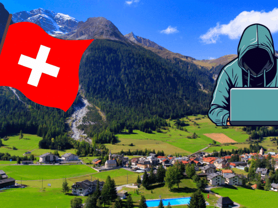 Vue d’un village alpin suisse avec un drapeau suisse et une silhouette de hacker en surimpression, illustrant les risques de cybersécurité auxquels sont confrontées les communes suisses.