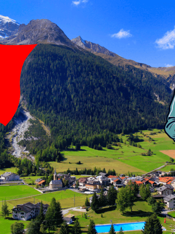 Vue d’un village alpin suisse avec un drapeau suisse et une silhouette de hacker en surimpression, illustrant les risques de cybersécurité auxquels sont confrontées les communes suisses.
