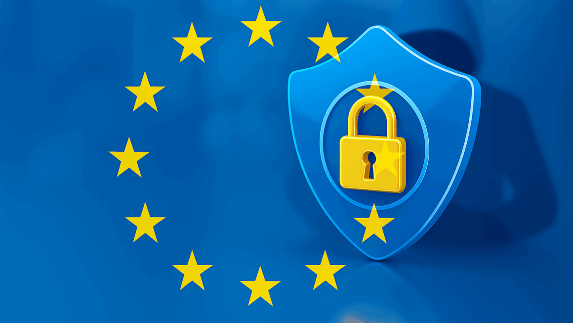 Illustration d’un bouclier bleu avec un cadenas doré au centre, entouré des étoiles du drapeau de l’Union européenne, symbolisant la protection des données et la cybersécurité en Europe sur fond bleu clair.