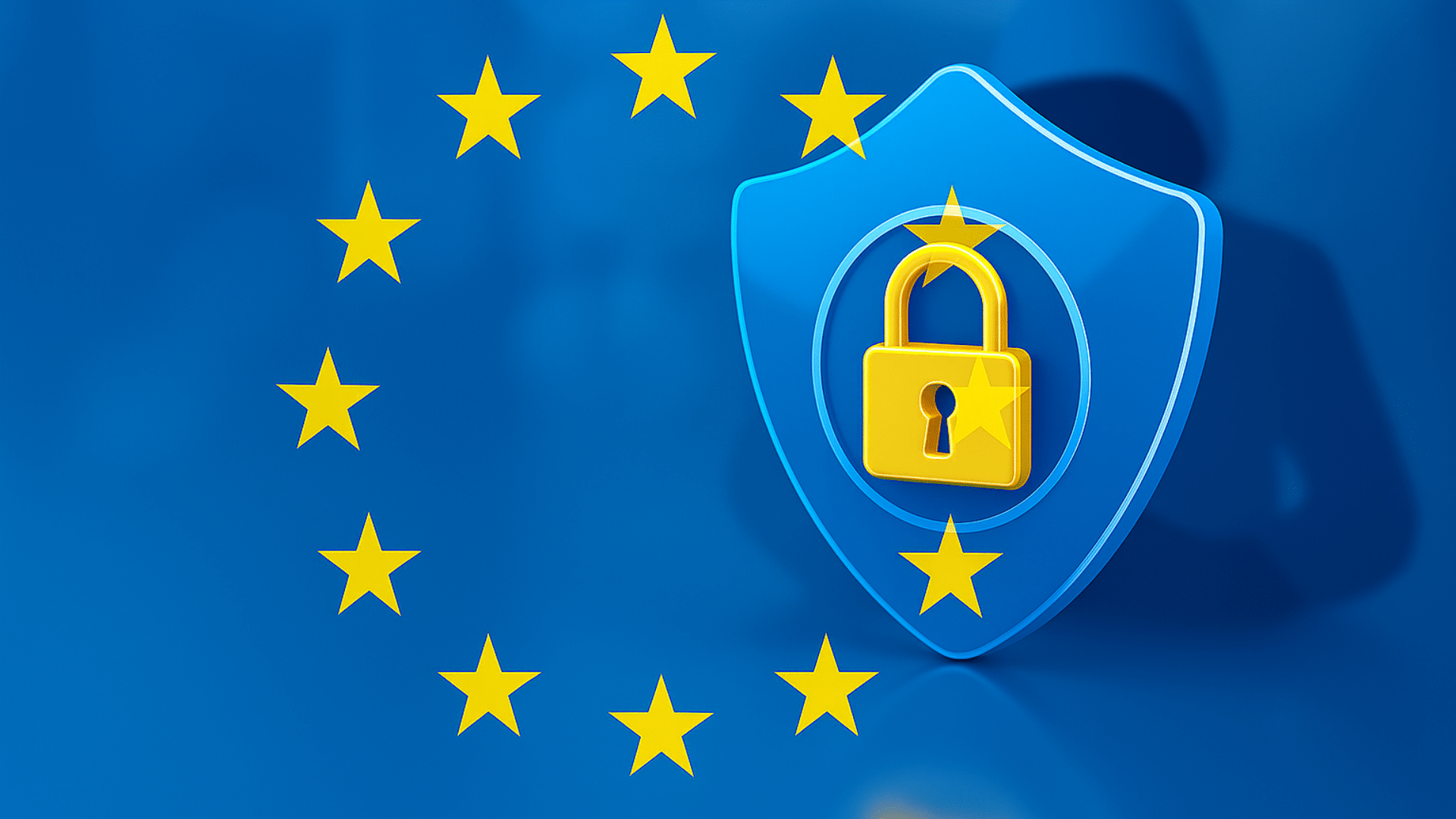 Illustration d’un bouclier bleu avec un cadenas doré au centre, entouré des étoiles du drapeau de l’Union européenne, symbolisant la protection des données et la cybersécurité en Europe sur fond bleu clair.