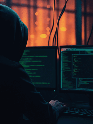 Personne de dos portant une capuche, assise devant plusieurs écrans affichant des lignes de code dans une salle sombre, illustrant une cyberattaque ou une activité de piratage informatique dans un environnement de cybersécurité.