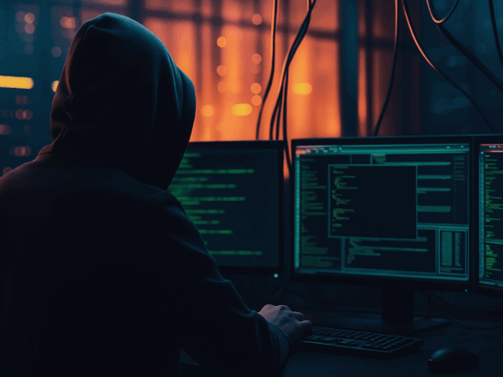 Personne de dos portant une capuche, assise devant plusieurs écrans affichant des lignes de code dans une salle sombre, illustrant une cyberattaque ou une activité de piratage informatique dans un environnement de cybersécurité.