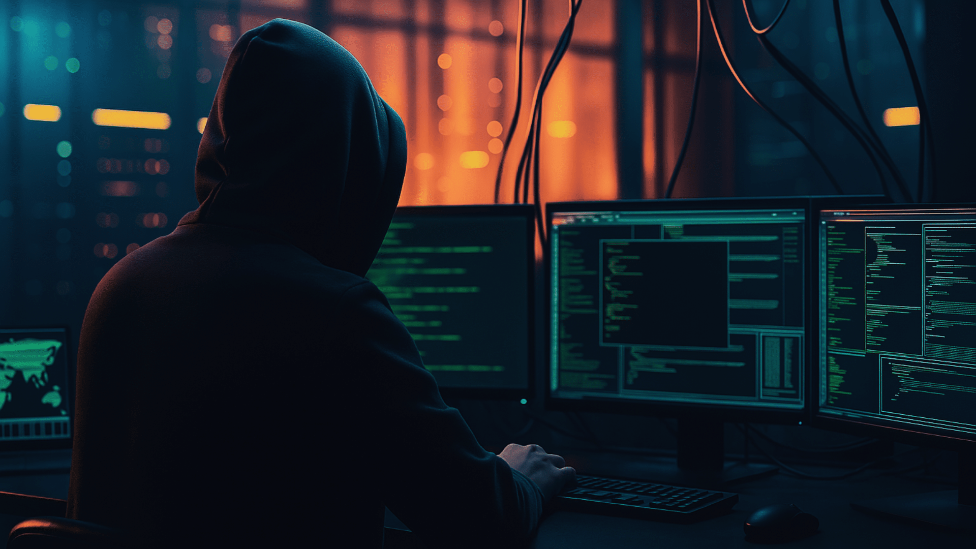 Personne de dos portant une capuche, assise devant plusieurs écrans affichant des lignes de code dans une salle sombre, illustrant une cyberattaque ou une activité de piratage informatique dans un environnement de cybersécurité.