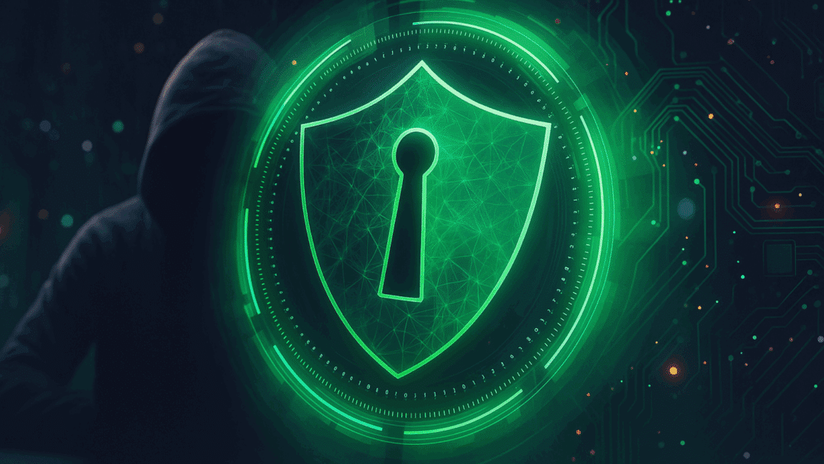 DCOD hebdo - Illustration numérique d’un bouclier vert symbolisant la cybersécurité, intégré dans une interface technologique avec un fond de circuits électroniques et la silhouette discrète d’un individu encapuchonné en arrière-plan.