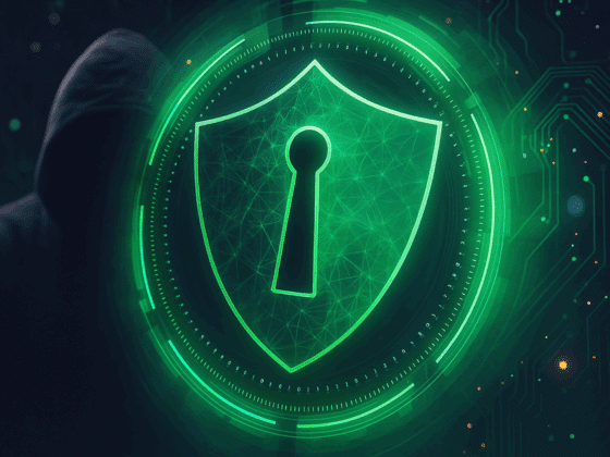 Illustration numérique d’un bouclier vert symbolisant la cybersécurité, intégré dans une interface technologique avec un fond de circuits électroniques et la silhouette discrète d’un individu encapuchonné en arrière-plan.