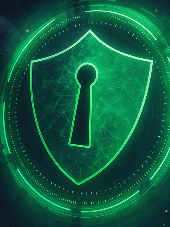 DCOD hebdo - Illustration numérique d’un bouclier vert symbolisant la cybersécurité, intégré dans une interface technologique avec un fond de circuits électroniques et la silhouette discrète d’un individu encapuchonné en arrière-plan.