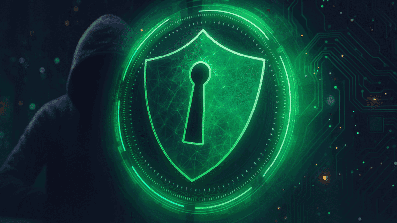 Illustration numérique d’un bouclier vert symbolisant la cybersécurité, intégré dans une interface technologique avec un fond de circuits électroniques et la silhouette discrète d’un individu encapuchonné en arrière-plan.