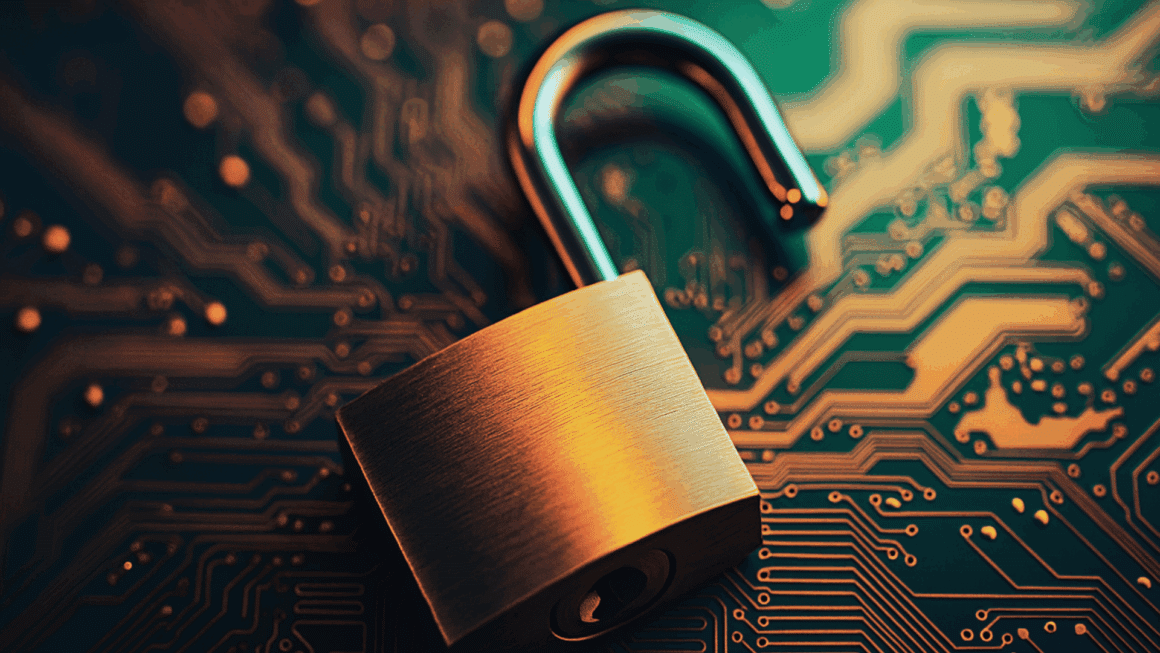 DCOD vuln - Image en 3D réaliste d’un cadenas ouvert posé sur un circuit imprimé, symbolisant une faille de sécurité ou une vulnérabilité informatique dans un environnement technologique.