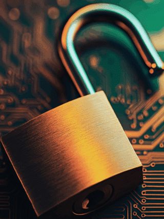 Image en 3D réaliste d’un cadenas ouvert posé sur un circuit imprimé, symbolisant une faille de sécurité ou une vulnérabilité informatique dans un environnement technologique.