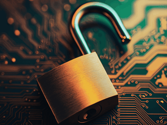 Image en 3D réaliste d’un cadenas ouvert posé sur un circuit imprimé, symbolisant une faille de sécurité ou une vulnérabilité informatique dans un environnement technologique.