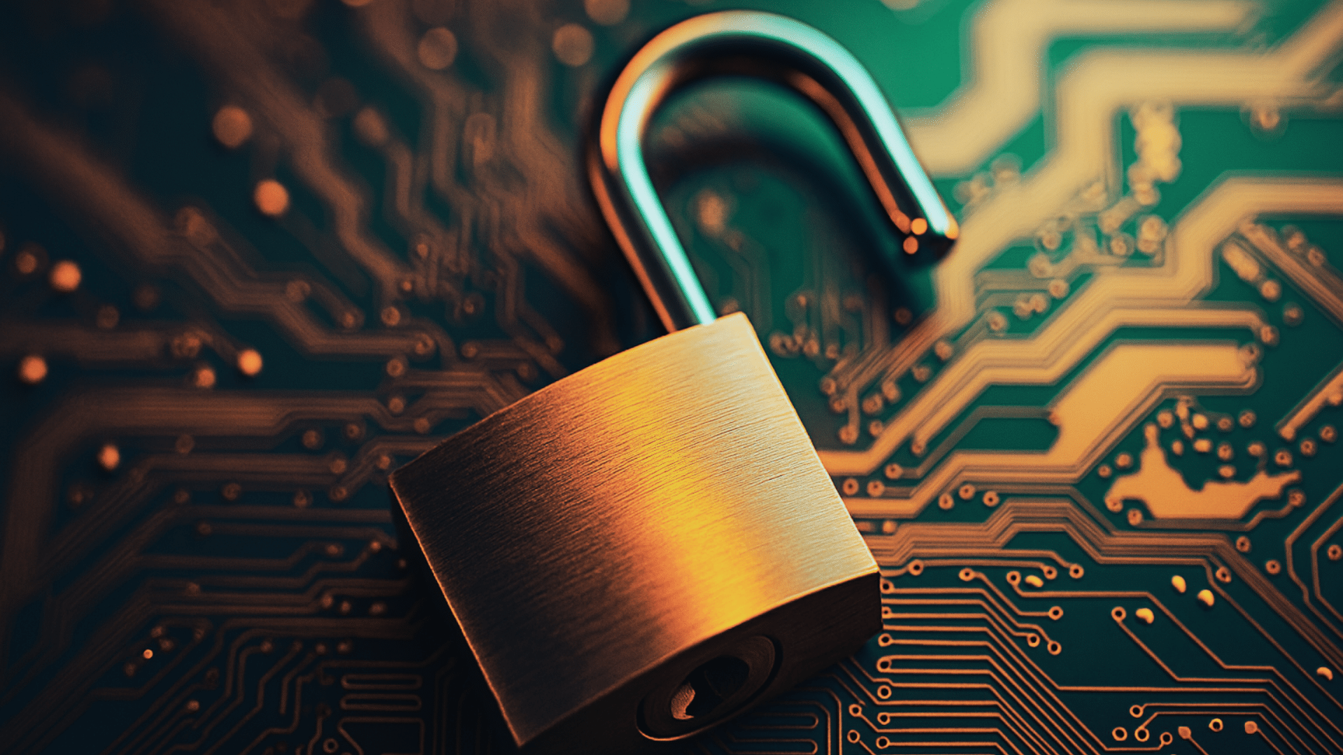 Image en 3D réaliste d’un cadenas ouvert posé sur un circuit imprimé, symbolisant une faille de sécurité ou une vulnérabilité informatique dans un environnement technologique.
