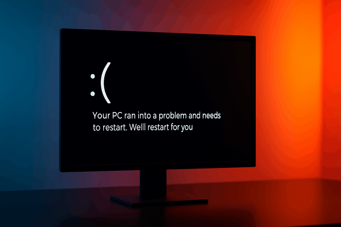 Moniteur affichant le nouvel écran noir de la mort de Windows 11, sur fond coloré dégradé bleu et orange, illustrant une erreur système critique.