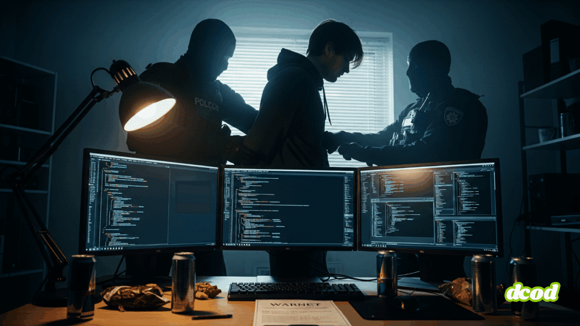 Photographie stylisée et sombre, sans visages visibles, montrant l'arrestation d'un individu devant un triple écran d'ordinateur affichant du code. La scène est tendue, avec des officiers en tenue tactique et des lumières d'ambiance bleues et rouges. L'image est en format paysage (16:9), évoquant la cybersécurité, la justice et la fin d'activités illégales en ligne.