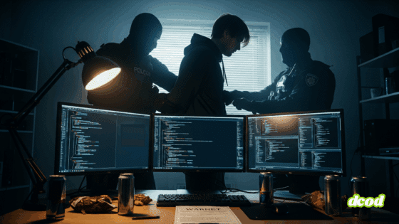Photographie stylisée et sombre, sans visages visibles, montrant l'arrestation d'un individu devant un triple écran d'ordinateur affichant du code. La scène est tendue, avec des officiers en tenue tactique et des lumières d'ambiance bleues et rouges. L'image est en format paysage (16:9), évoquant la cybersécurité, la justice et la fin d'activités illégales en ligne.
