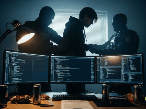 Photographie stylisée et sombre, sans visages visibles, montrant l'arrestation d'un individu devant un triple écran d'ordinateur affichant du code. La scène est tendue, avec des officiers en tenue tactique et des lumières d'ambiance bleues et rouges. L'image est en format paysage (16:9), évoquant la cybersécurité, la justice et la fin d'activités illégales en ligne.